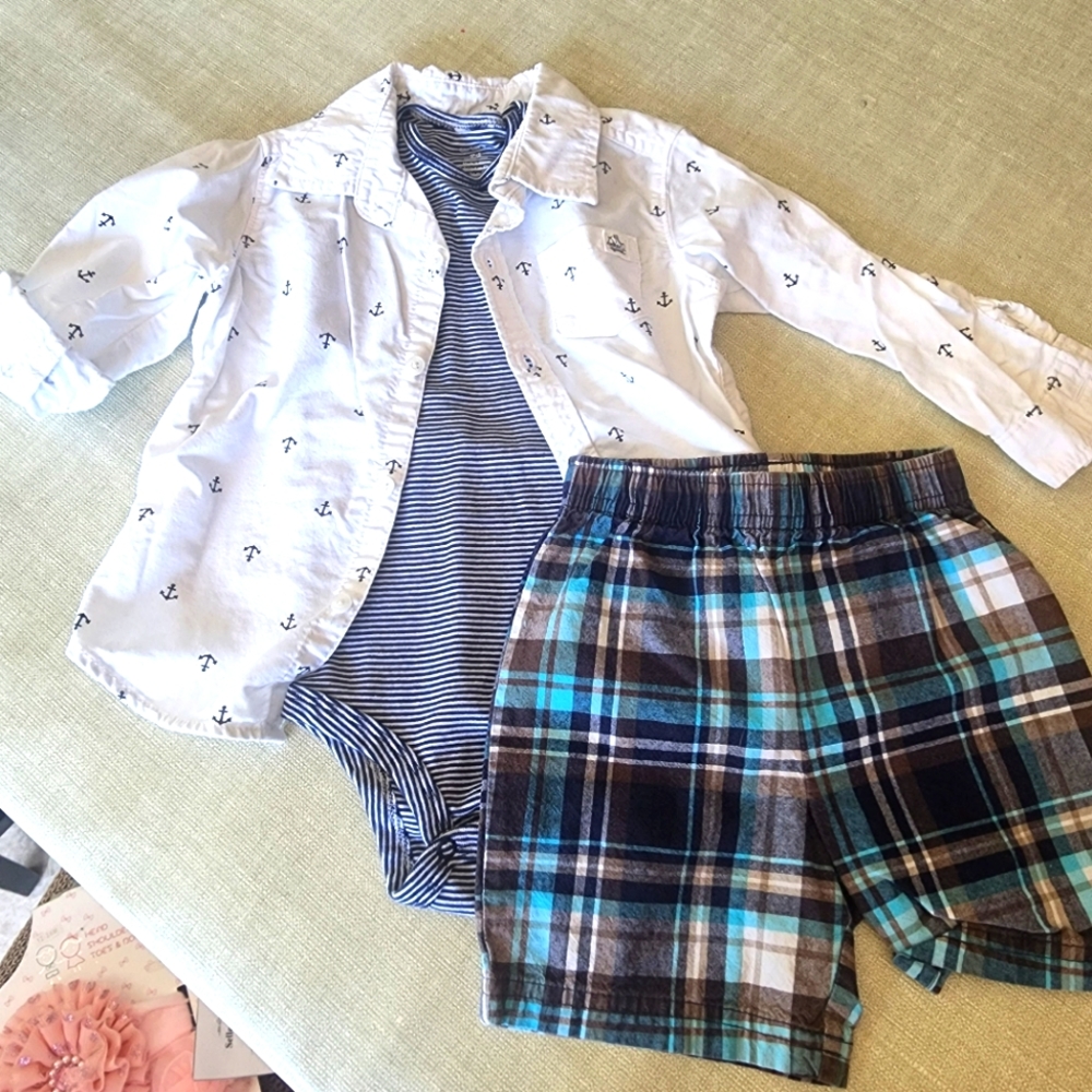 Carter's 18-24 month Ls Anchor Button Down Shirt, Striped Navy Bodysuit & Shorts